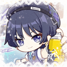 a boy wearing a headband that says " bal stump " holds a yellow spray can