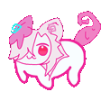 a pink and white cat with a blue bow on its head is laying down .