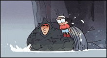 a cartoon of a girl standing next to a monster with a face on it