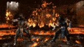 two video game characters are standing in front of a fire scene