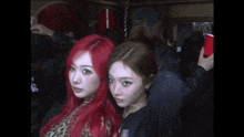 two women with red hair are posing for a picture together in a room .