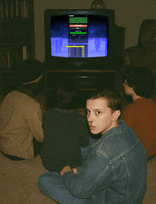 a boy in a denim jacket sits on the floor in front of a samsung tv