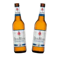 two bottles of konig pilsene alcohol free beer against a white background