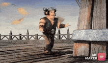a cartoon character is walking on a wooden dock with a gif maker app on the bottom