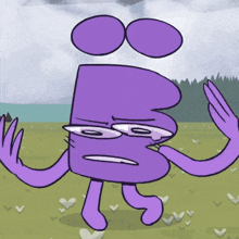 a cartoon drawing of a purple cartoon character with glasses