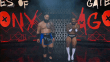 two wrestlers are standing in front of a sign that says " es of onyx "