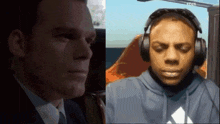 a man wearing headphones next to another man wearing a hoodie