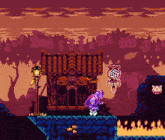 a video game scene with a purple unicorn standing in front of a building with skulls on it