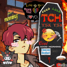 a pixel art of a boy with a cup of tea and a speech bubble that says good morning