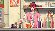 a girl in a pink jacket is pouring a drink from a bottle that says " black tea "