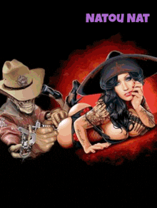 a picture of a skeleton holding a gun next to a tattooed woman with the name natou nat written on the bottom
