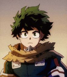 a drawing of a boy with green hair and a scarf around his neck that says ' a ' on it