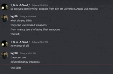 a screenshot of a discord conversation between kyyille and mis blind