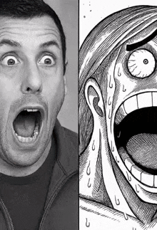 a black and white photo of a man with his mouth open and a drawing of a man with his mouth open