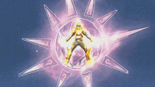 a man in a superhero costume is standing in the middle of a purple and pink sun .