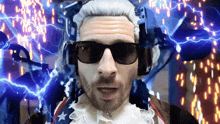 a man wearing a wig and sunglasses stands in front of a blue lightning background
