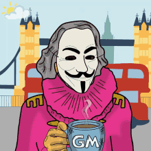 a cartoon of a man wearing a mask holding a cup that says gm on it