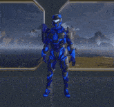 a blue and black armored figure stands in front of a window overlooking the ocean