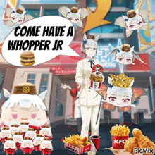 a cartoon of a woman holding a hamburger and a box of kfc french fries