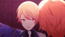 two anime characters are standing next to each other in a dark room .