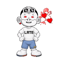 a cartoon character wearing sunglasses and a white shirt that says late