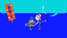 two cartoon characters are dancing in front of a sign that says " bye "