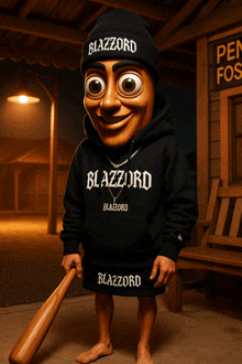 a cartoon character is wearing a black hoodie that says blazzard on it