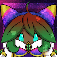 a cartoon drawing of a girl with green hair and a purple background