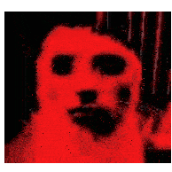 a close up of a red dog 's face in a dark room with a black background .