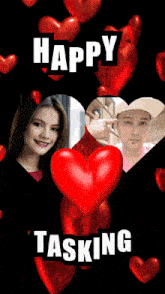 a picture of a woman and a man with hearts and the words happy tasking