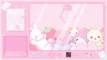 a pink screen with stuffed animals and the words play me at the bottom