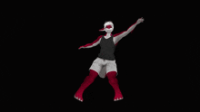 a cartoon character with a shark tail is dancing with his hands in the air