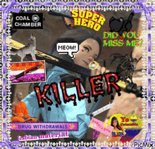 a picture of a woman holding a sword with the word killer written on it