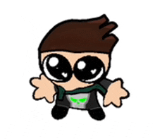 a cartoon character with big eyes is wearing a green shirt and a black jacket .