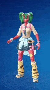 a girl with green hair and red skin is standing in front of a blue background .