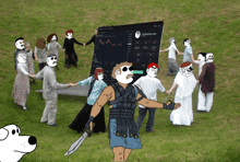 a cartoon of a man holding a sword in front of a group of people holding hands