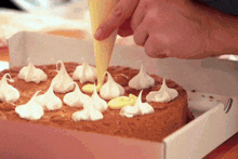 a person decorating a cake with whipped cream