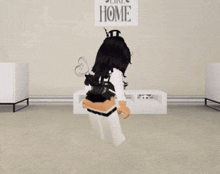 a girl is standing in front of a sign that says " like home "