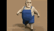 a cartoon character in blue overalls is walking on a brown background .