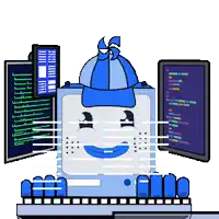 a cartoon drawing of a computer with a blue hat