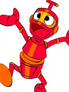 a red and orange cartoon robot is giving a thumbs up and smiling .