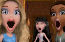 three cartoon dolls with their mouths wide open and one of them has the number 1 on her shirt