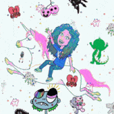 a cartoon of a girl sitting on a unicorn surrounded by monsters