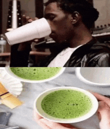 a man is drinking from a pink cup and holding a bowl of green soup .