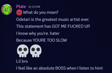 a screenshot of a conversation between plate and odetari with skulls on it