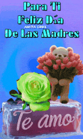 a teddy bear is holding a bouquet of flowers in front of a sign that says " te amo "