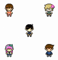 a pixel art of a group of people standing next to each other .