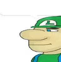 a cartoon character wearing a green hat with an l on it
