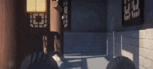a cartoon character is laying down in a room with a lantern in the background