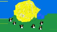 a bunch of penguins are standing in front of a large yellow ball